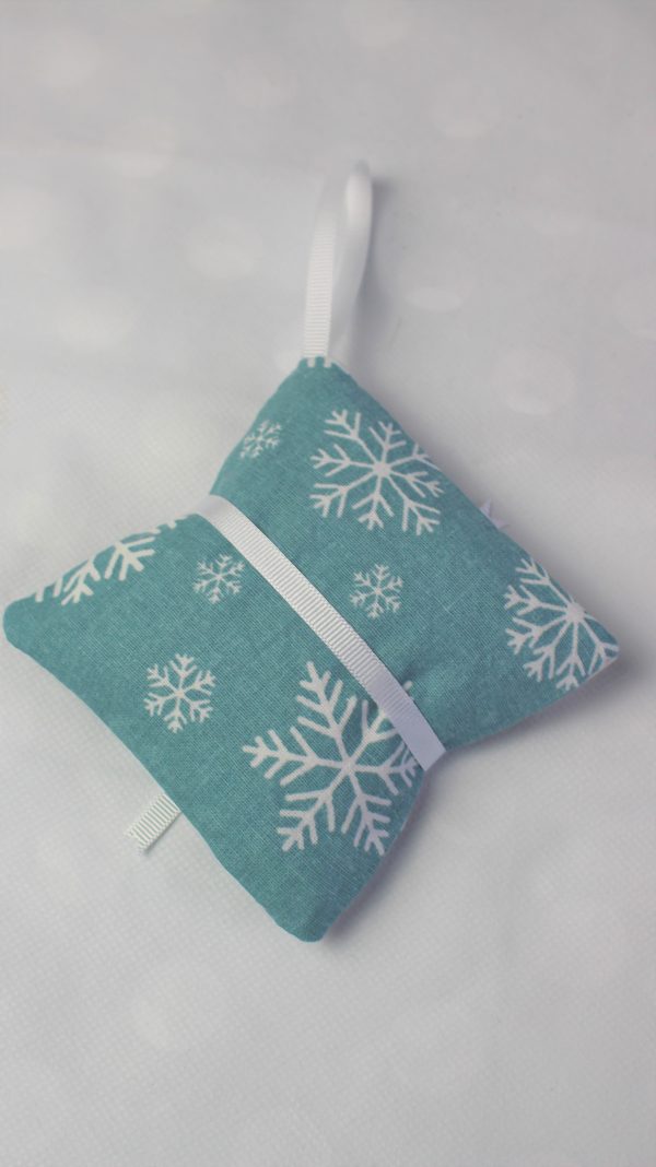 teal white contract snowflake lavender bag back